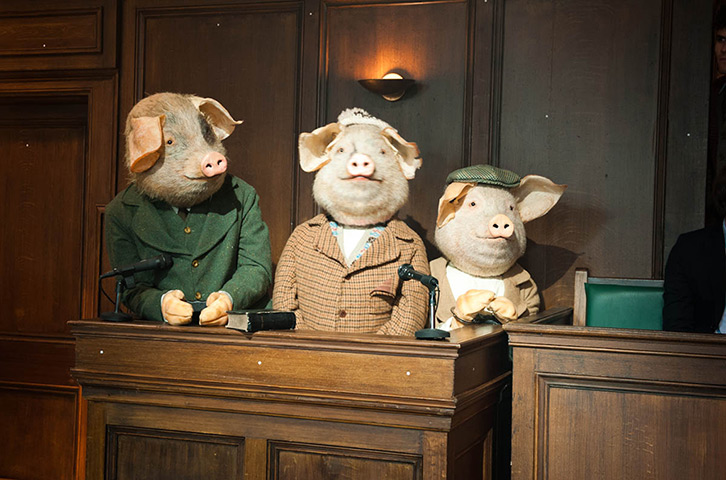 The Three Little Pigs in court, awaiting their fate The Three Little Pigs in court, awaiting their fate
