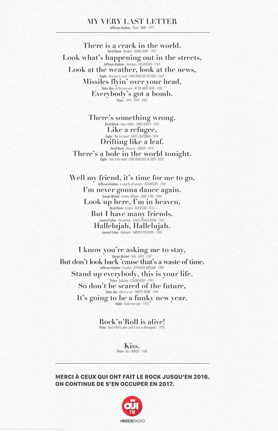 Lettre oui fm avec parole chanson rockers morts 2016 - L'ADN