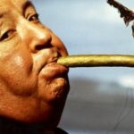 Alfred Hitchcock en train de fumer avec un oiseau