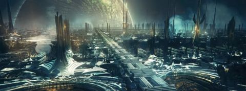 cite extraterrestre et lune en arriere plan