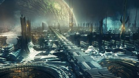 Fraktaal cite extraterrestre et lune en arriere plan