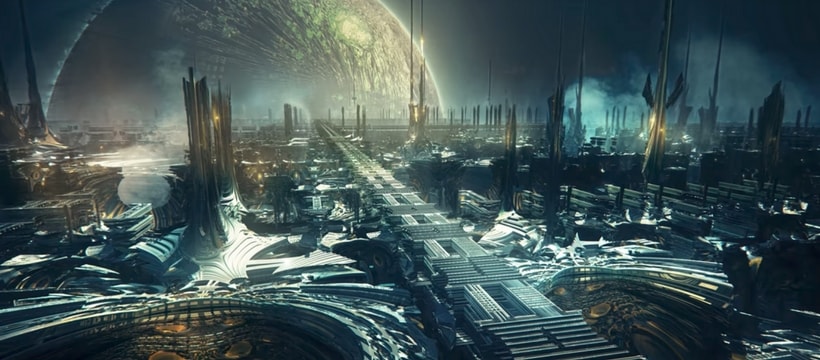 Fraktaal cite extraterrestre et lune en arriere plan