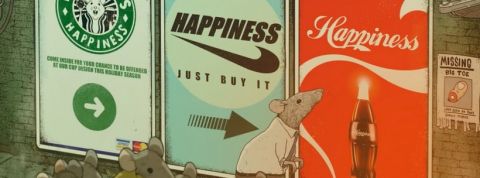 Happiness rat qui renifle des affiches de marques