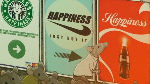 rat qui renifle des affiches de marques