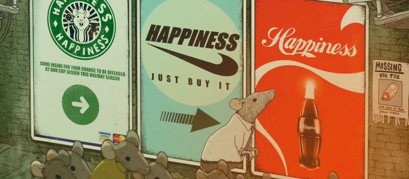 Happiness rat qui renifle des affiches de marques