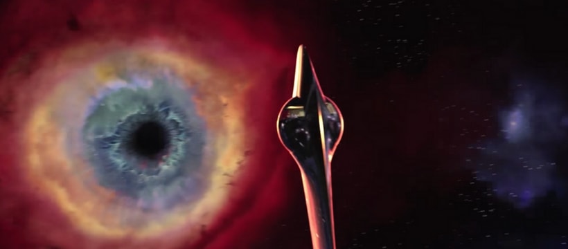 Cosmos vaisseau qui navigue vers un trou noir