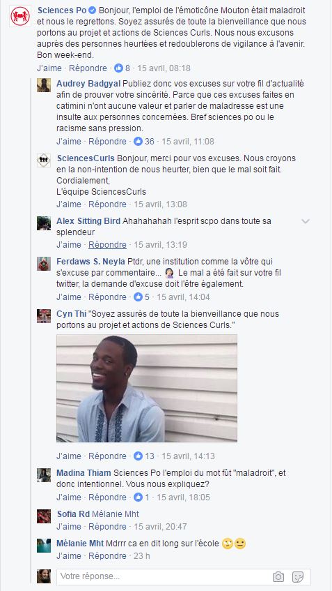 commentaires sur facebook suite a une publication deplacee de sciences po