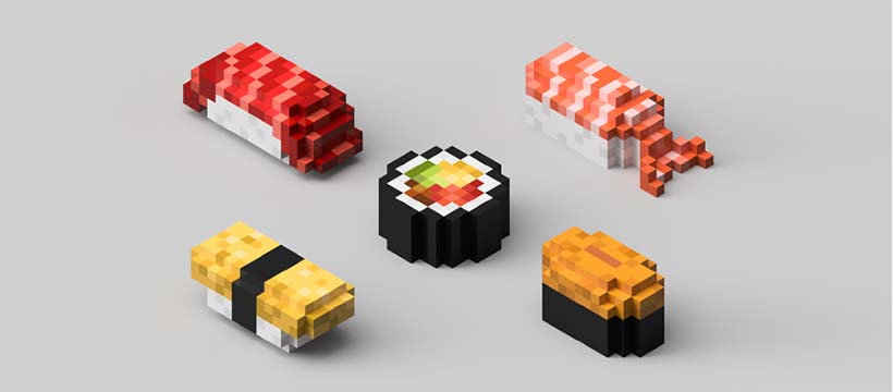 sushis sushis pixélisés imprimés en 3D