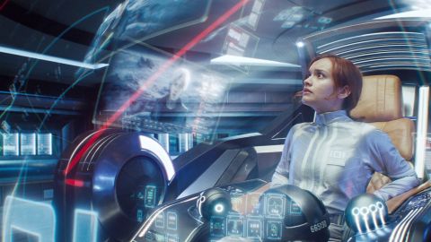 Samantha, de Ready Player One, en train de s'installer dans la chaise de Nolan Sorrento