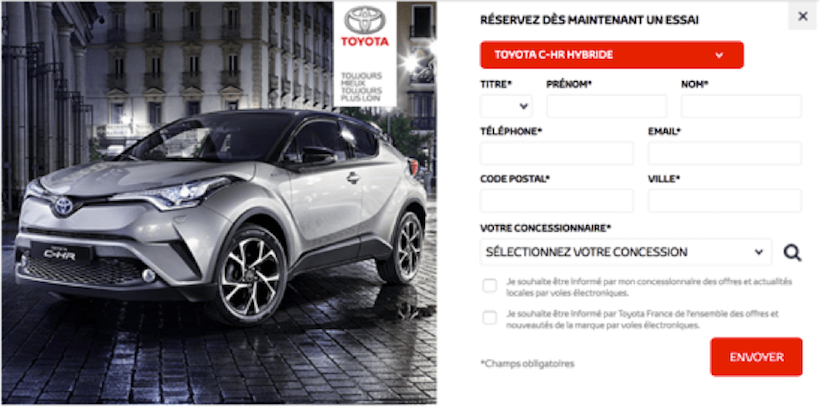 Une pop-in sur le site de Toyota