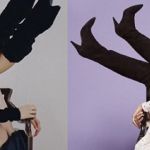 deux femmes posant sur une chaise, les jambes en l'air, en robes et bottes