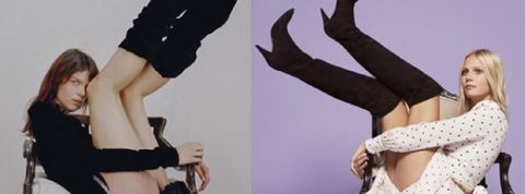 deux femmes posant sur une chaise, les jambes en l'air, en robes et bottes