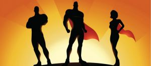 Des superhéros sur un soleil couchant