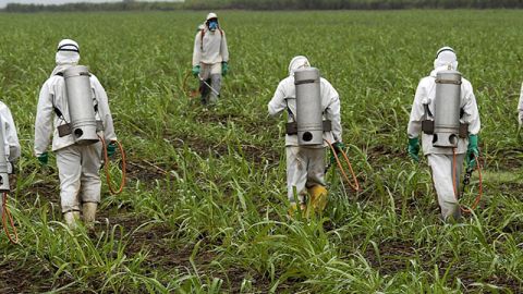 Des hommes pulvérisent du glyphosate dans les champs