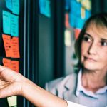 salariés devant un tableau de post-it travaillant en méthode agile