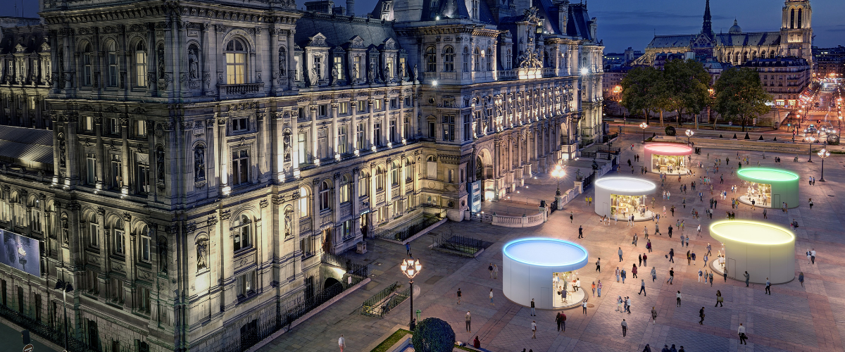 des Lumibars devant la Mairie de Paris Concept de Tier-lieu transformables devant le parvis de l'Hotel de Ville de Paris.