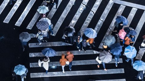 Une foule de gens traversant sur des passages piéton, avec des parapluies
