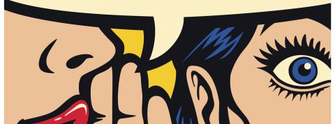 Pop art style comics panel gossip girl whispering secret in ear word of mouth vector illustration secret