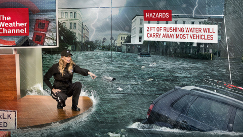 une femme sur son bureau regarde une voiture être emporté par le courant en réalité augmentée.