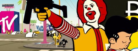Naming : les marques se font la guerre ! Extrait du film Logorama, où Ronald McDonald brandit une arme