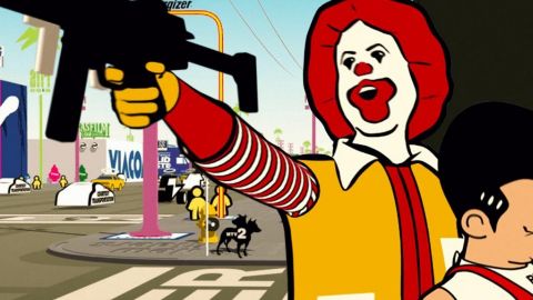 Extrait du film Logorama, où Ronald McDonald brandit une arme