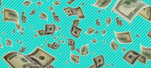 Des billets qui tombent du ciel sur un fond vert et bleu