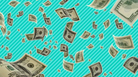 Des billets qui tombent du ciel sur un fond vert et bleu