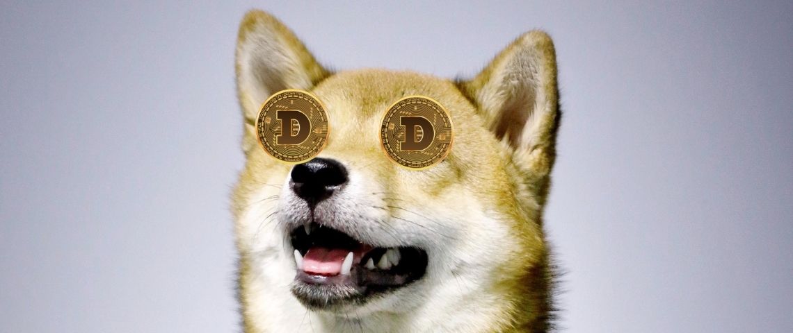 To the moon, NFT, shitcoin... Parlez-vous crypto ? Un Shiba-Inu (l'emblème du Dogecoin) avec des Dogecoin à la place des yeux