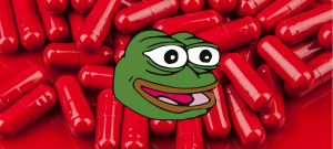 Une tête de pepe the frog sur des pilules rouges