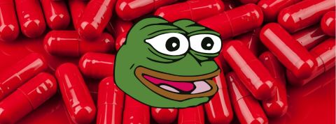 pepe the frog et le mouvement red pill Une tête de pepe the frog sur des pilules rouges