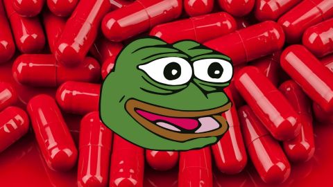 Une tête de pepe the frog sur des pilules rouges