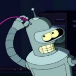 Bender le robot se branche un cable dans la tête