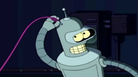 Bender le robot se branche un cable dans la tête