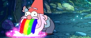 Un gnome en train de vomir un arc-en-ciel