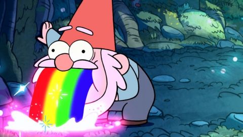 Un gnome en train de vomir un arc-en-ciel