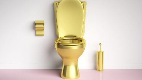 Des toilettes en or sur fond blanc et rose