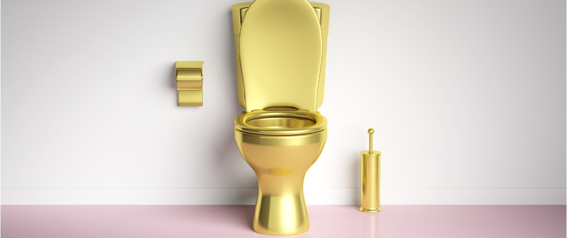 Flush est un magazine entièrement dédié aux toilettes Des toilettes en or sur fond blanc et rose