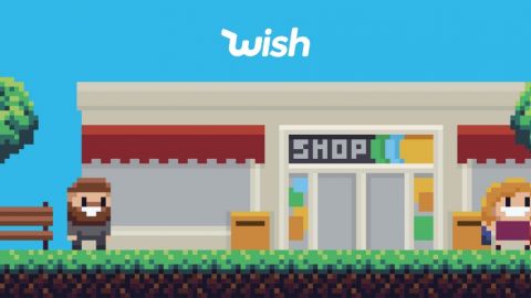 Une scène en pixels, avec des personnages devant un magasin