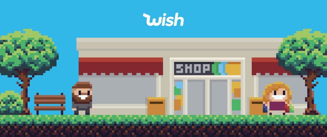 Le carton de Wish expliqué par des experts Une scène en pixels, avec des personnages devant un magasin