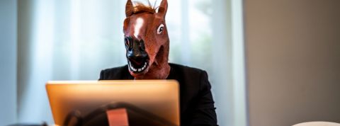 Un homme au masque de cheval devant son ordinateur