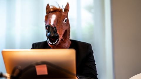 Un homme au masque de cheval devant son ordinateur