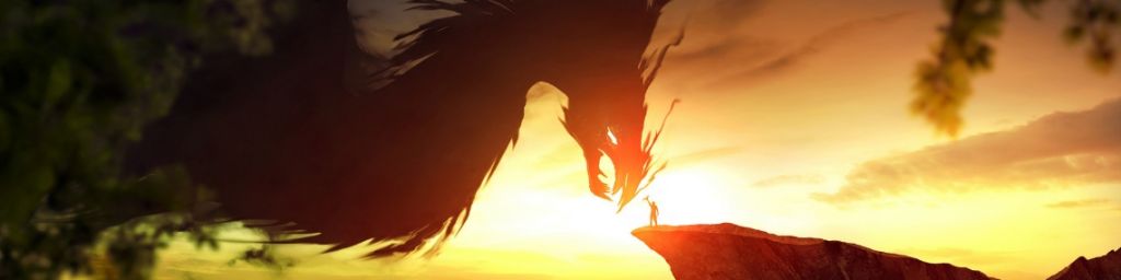 un homme sur un rocher tend la main vers un dragon géant