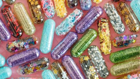 des pillules pleine de paillettes sur un fond rose