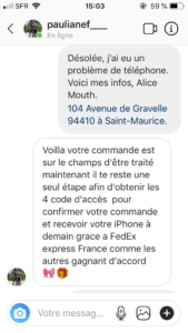 une capture d'écran de message privé envoyé sur instagram