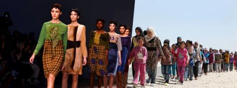 Des photomontages poignants illustrent la réalité d’un monde divisé Un photomontage avec un défilé de mode et des réfugiés dans le desert