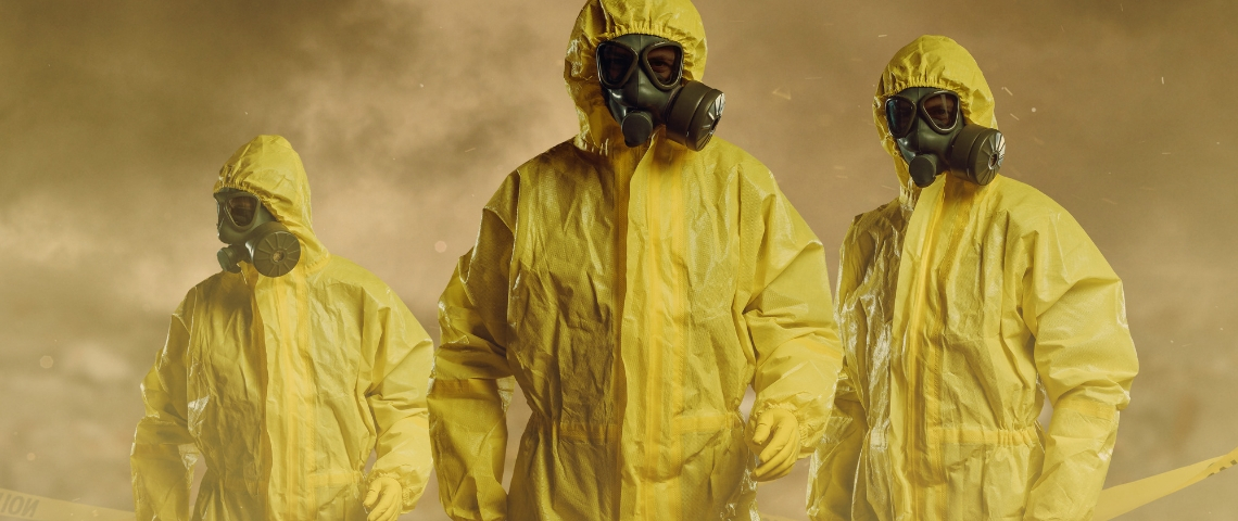 Les entreprises doivent radicalement changer leurs modèles Trois exterminateurs dans des combinaisons jaunes, avec de la fumée