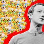 Mark Zuckerberg sur fond rouge entouré d'emojis