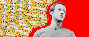 Mark Zuckerberg sur fond rouge entouré d'emojis