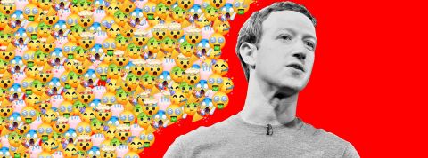 Mark Zuckerberg sur fond rouge entouré d'emojis