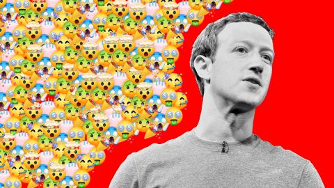 Mark Zuckerberg sur fond rouge entouré d'emojis